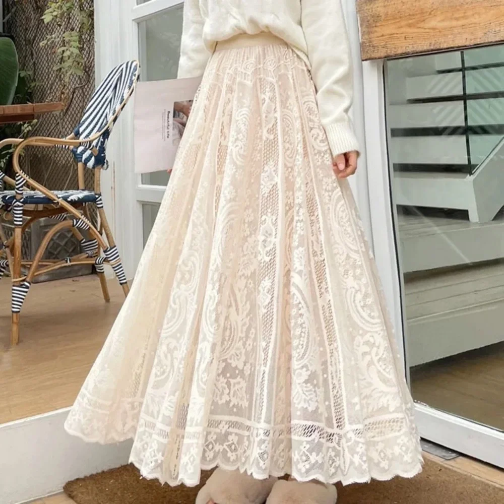Lace skirt cream beige womens summer spring long skirt floral - Picture 10 of 15
